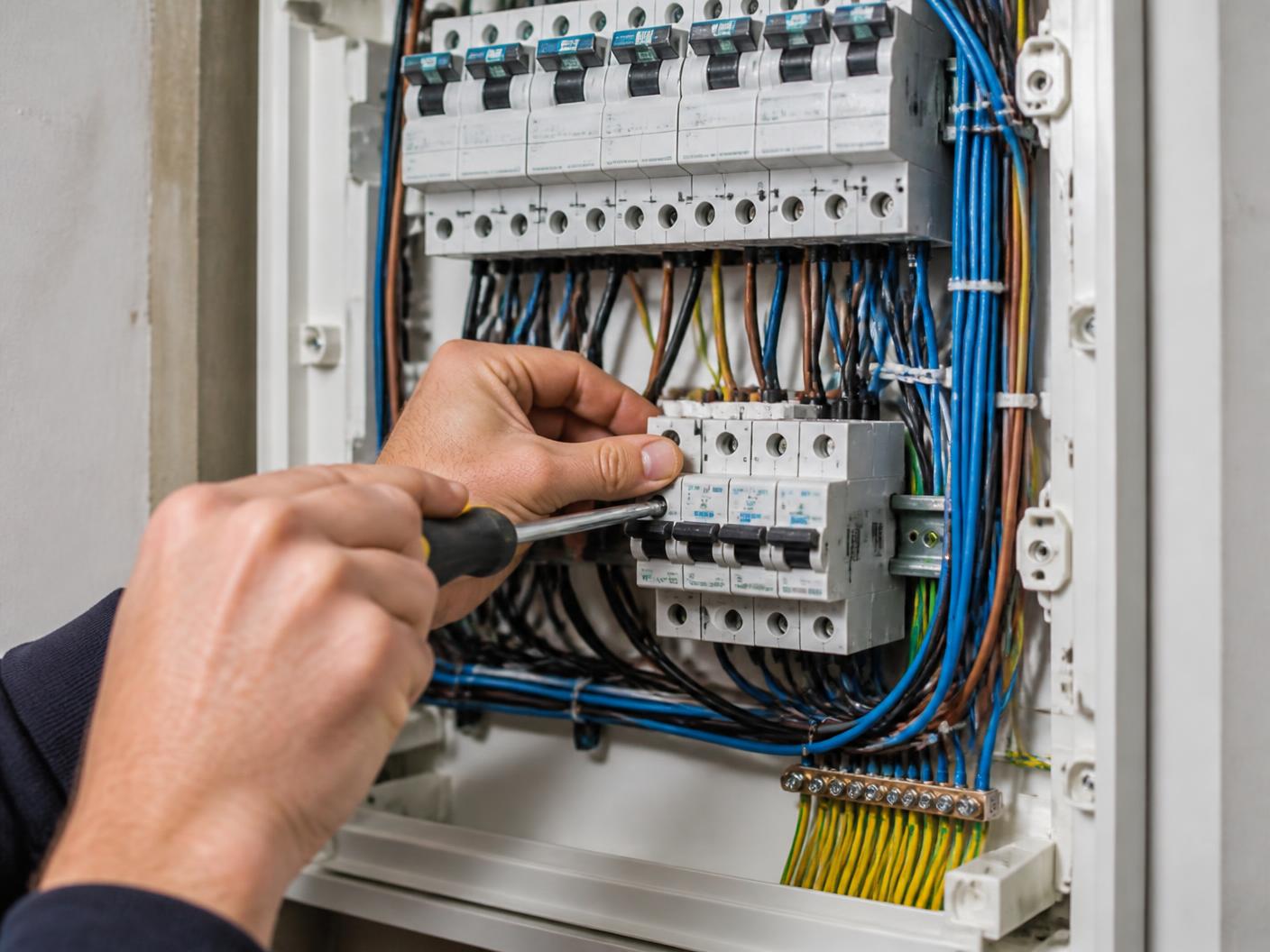 Elektrikář pracuje v domovním rozvaděči